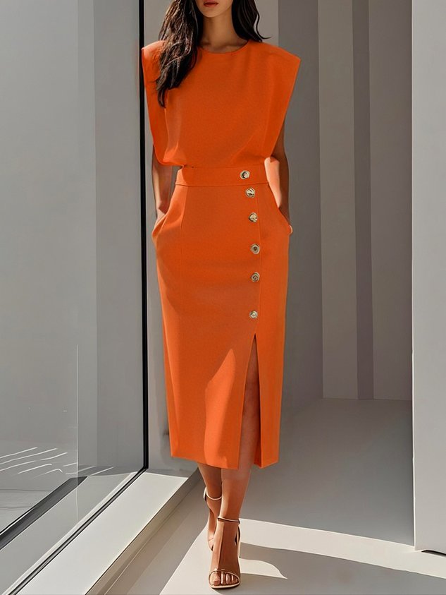 Workwear-appropriate sleeveless women's midi dress, smart with a side slit & gold button accents.
