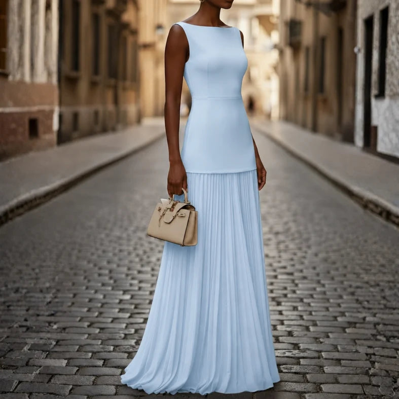 Elegant women's sleeveless pleated maxi dress with boat neck, perfect for formal events & summer parties.