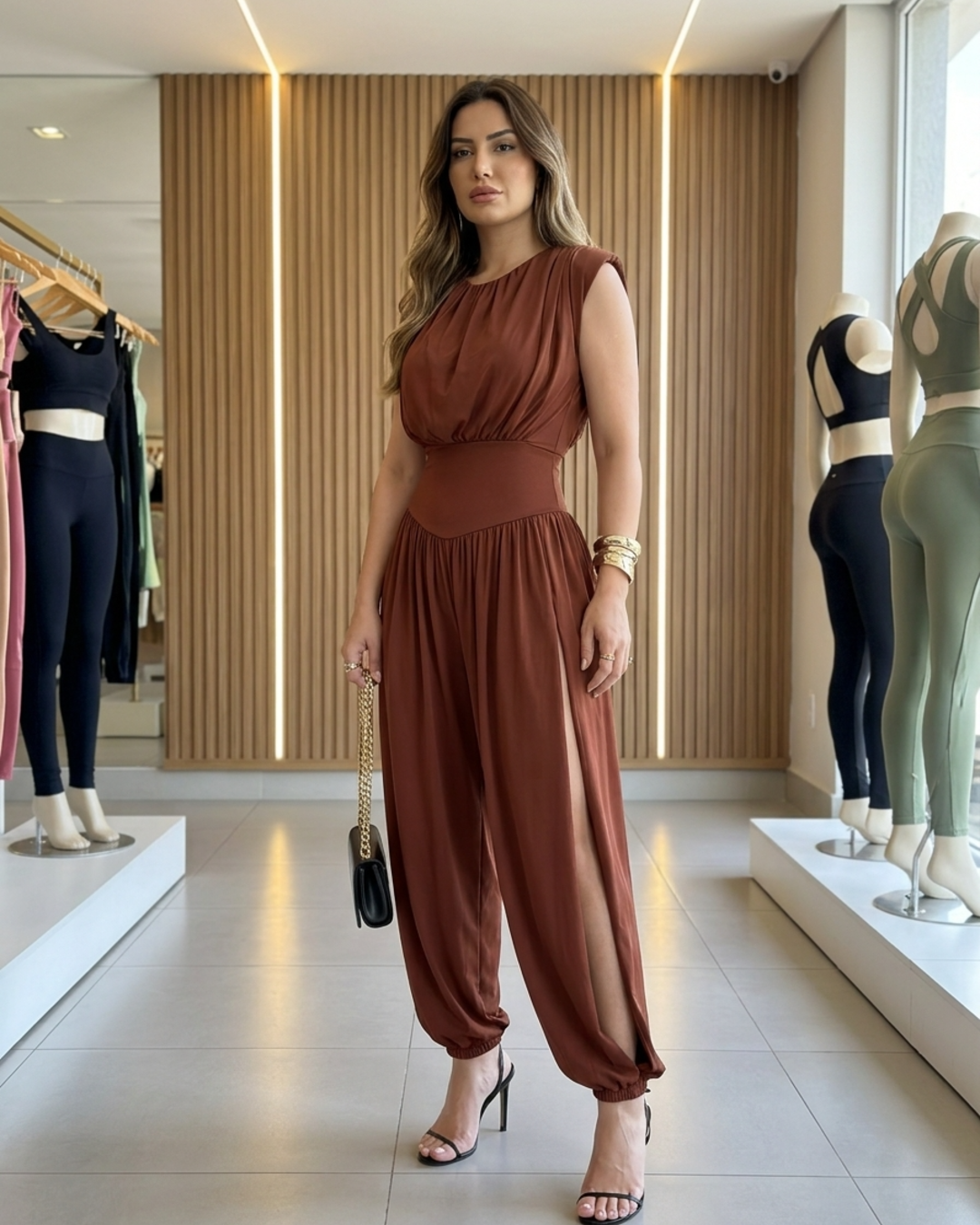 Elegant women's sleeveless romper, cinched high waist & balloon legs for sophisticated evening wear.
