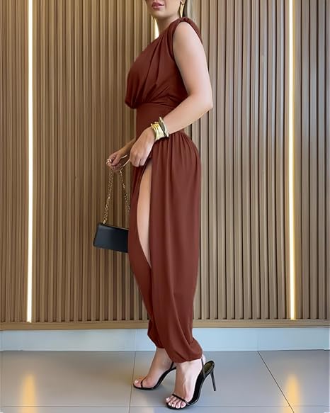 Perfect party style women's sleeveless romper, high waist, balloon leg, sophisticated evening wear.