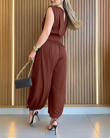Elegant women's sleeveless romper with cinched high waist and chic balloon legs.