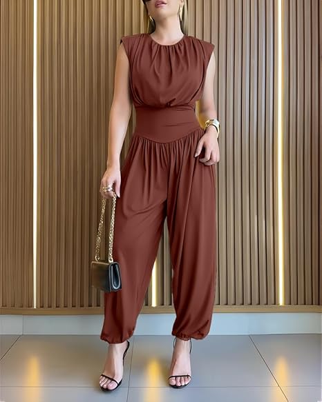 Women's high waist balloon leg romper, cinched for a flattering, elegant fashion statement.