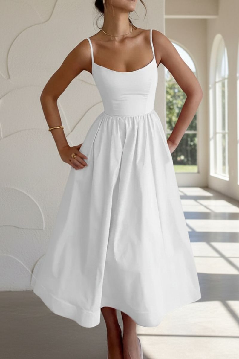Chic women's fit and flare midi cocktail dress with a flattering scoop neck, ideal for evening events.