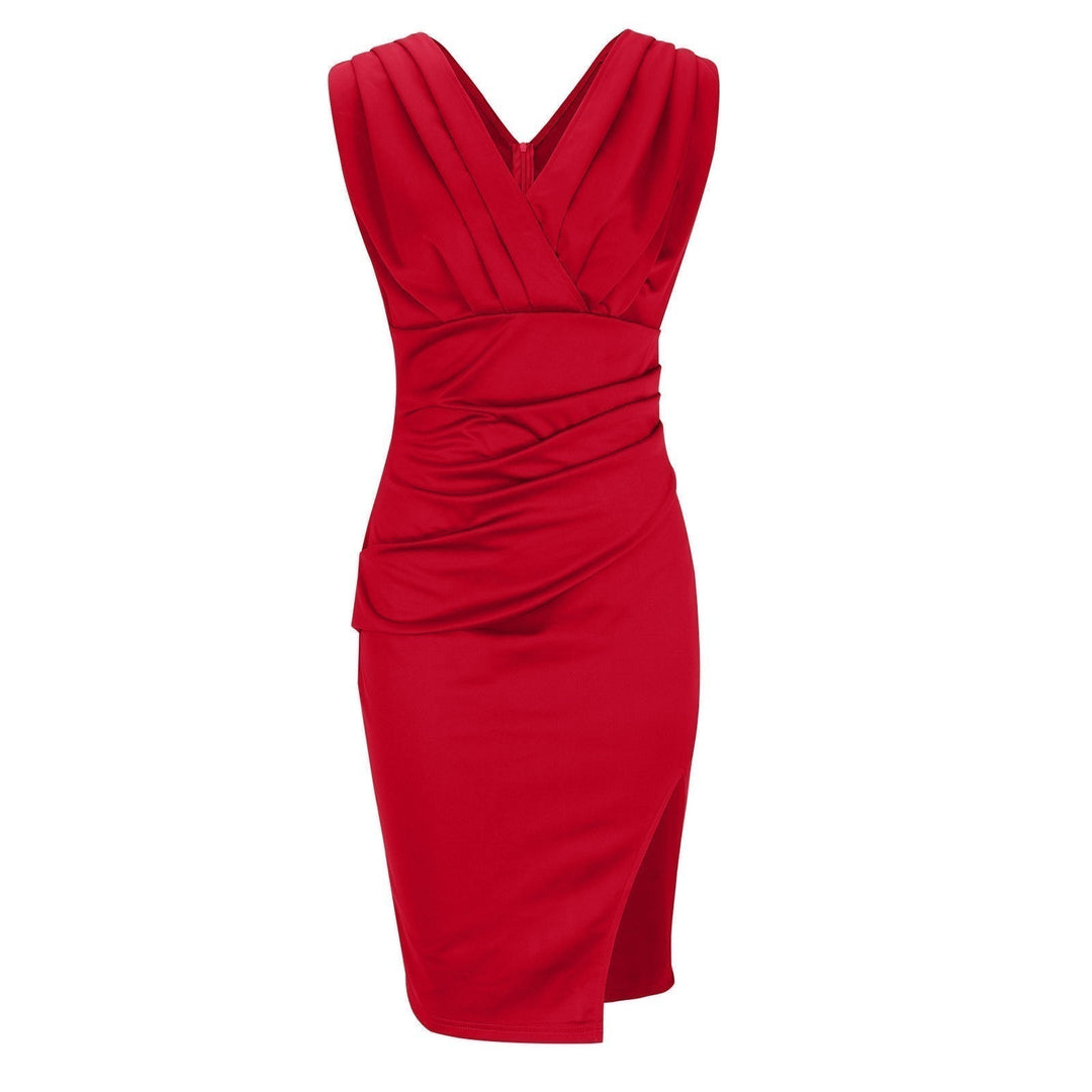 Elegant sleeveless V-neck bodycon midi dress for women, figure-flattering and sophisticated.