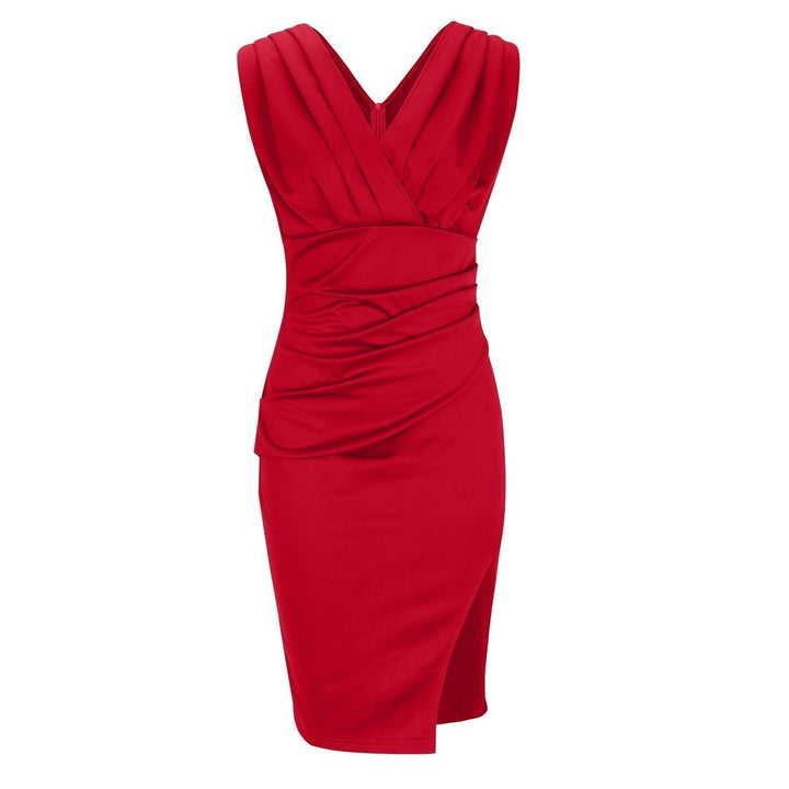 Elegant sleeveless V-neck bodycon midi dress for women, figure-flattering and sophisticated.