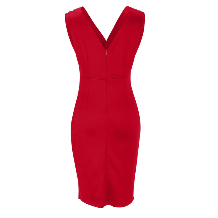 Women's sleek sleeveless V-neck bodycon midi dress, a sophisticated and party-ready outfit.