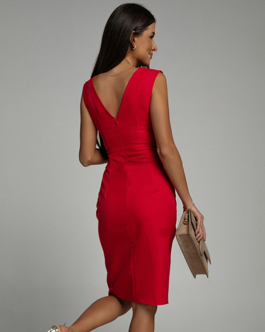 Figure-flattering women's V-neck midi bodycon dress, sleeveless design for sophisticated date nights.