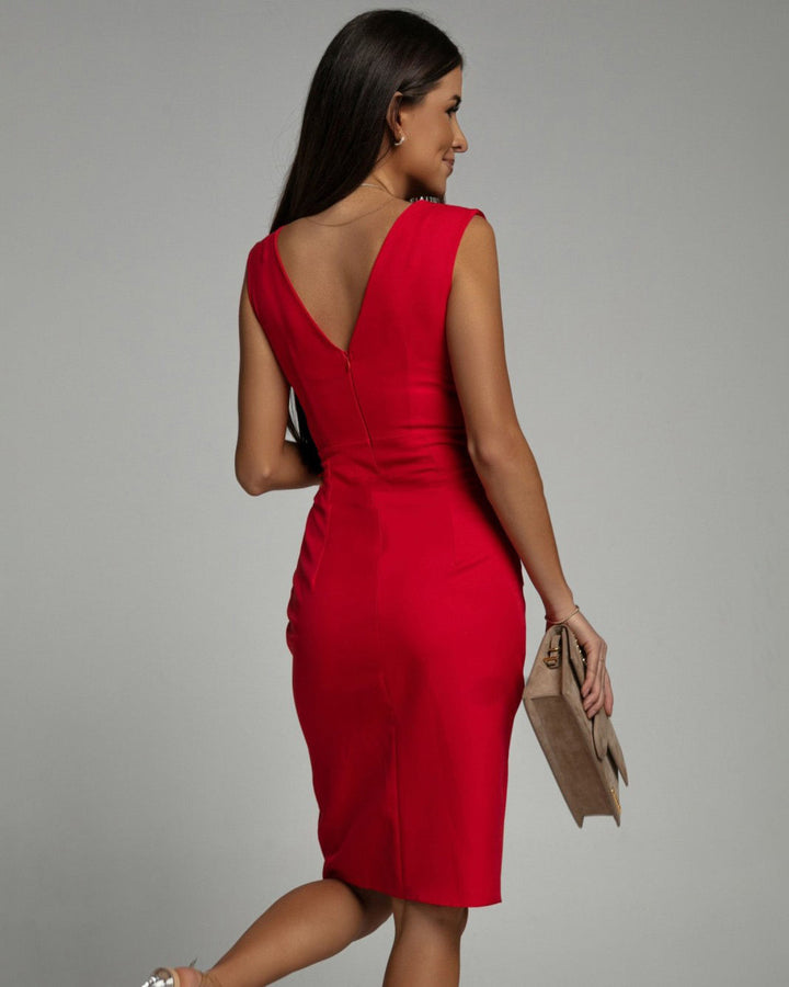 Figure-flattering women's V-neck midi bodycon dress, sleeveless design for sophisticated date nights.