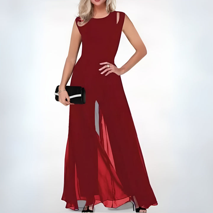 Chic black women's sleeveless wide-leg jumpsuit, versatile for both formal and casual occasions.