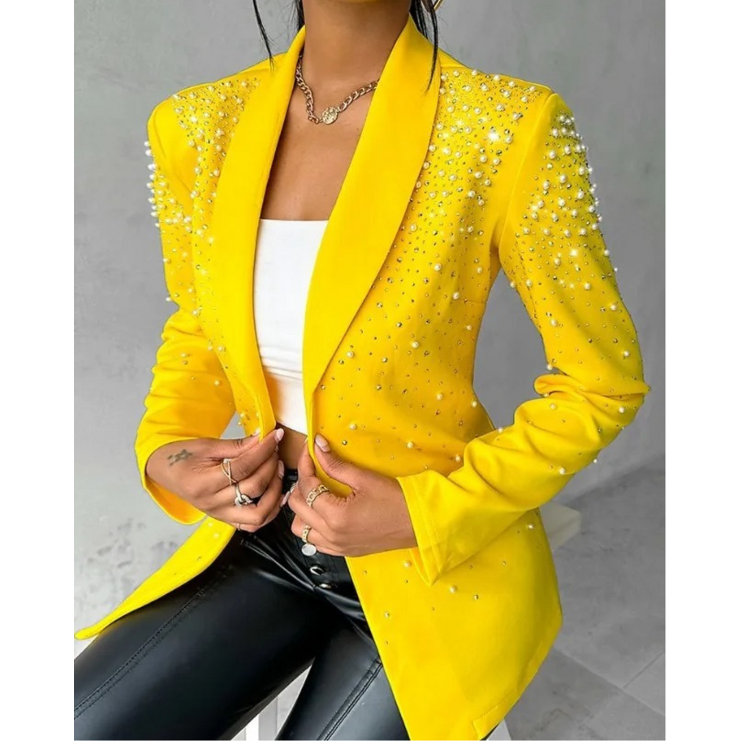 Elegant women's slim fit blazer with delicate pearl details, perfect for office wear or chic party outfits.