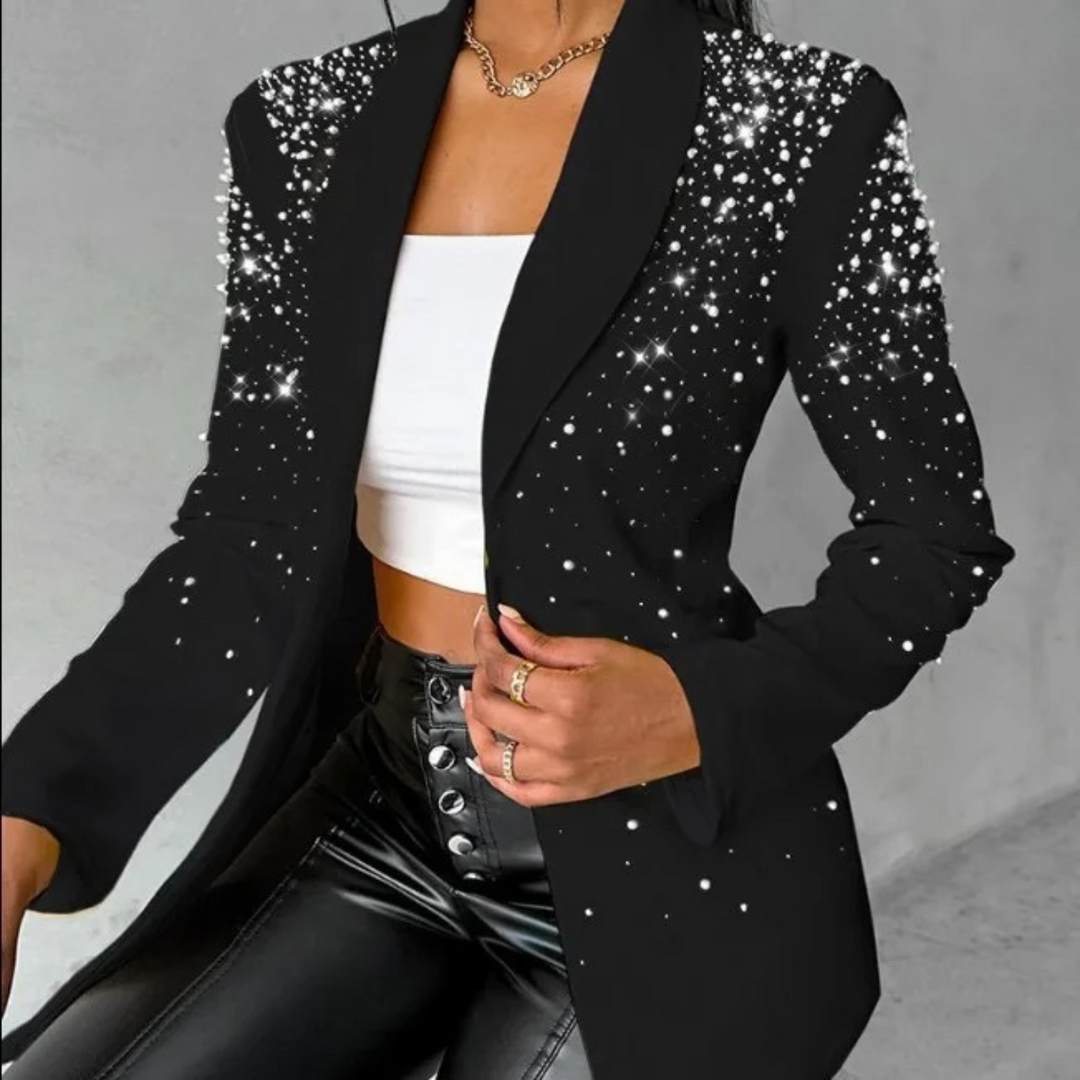 Fashionable women's blazer, slim cut with elegant pearl accents, suitable for formal events or versatile office style.