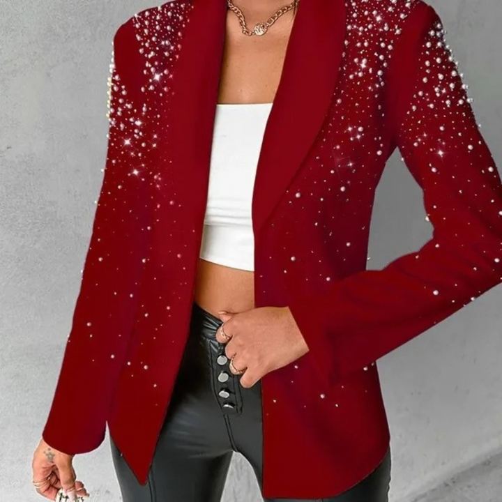Chic women's jacket: slim fit blazer featuring elegant pearl embellishments, ideal for sophisticated office or party looks.