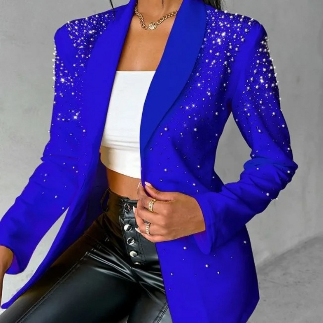 Luxurious women's slim blazer adorned with elegant pearl details, a fashionable choice for sophisticated formal attire.