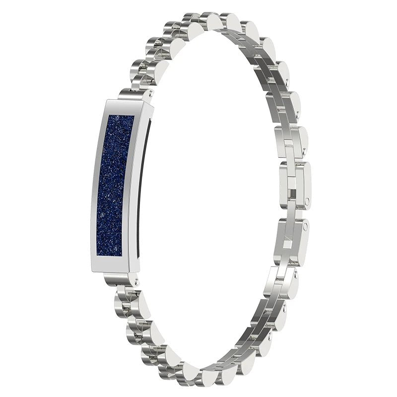 Women's elegant smart bracelet displaying time, steps, and heart rate, a stylish fitness accessory.