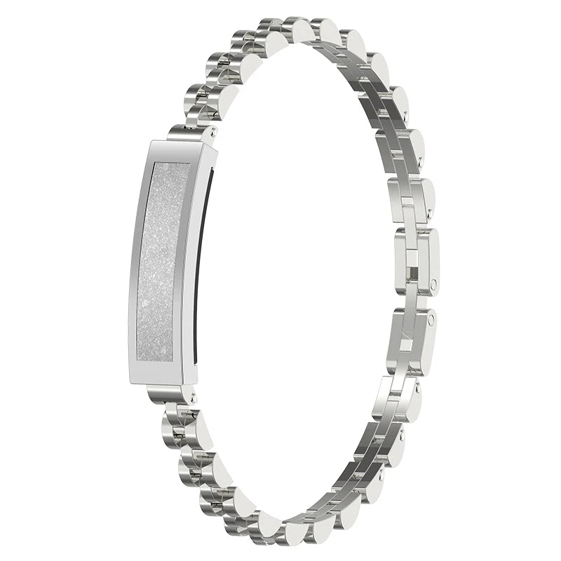 Fashionable women's smart bracelet, a digital fitness tracker providing notifications & health insights.