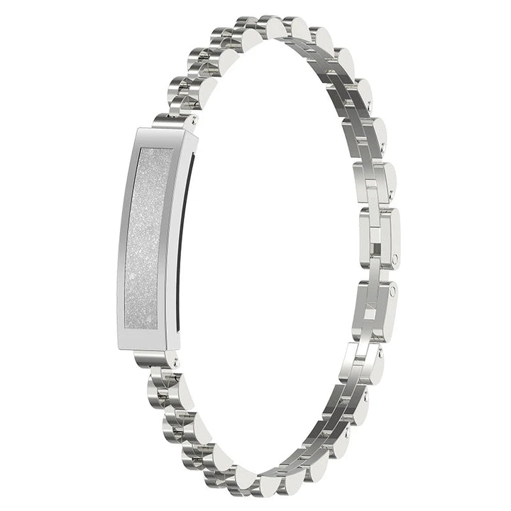 Fashionable women's smart bracelet, a digital fitness tracker providing notifications & health insights.