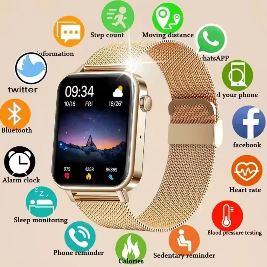 Elegant women's smartwatch with rose gold casing, perfect for style and daily wear.