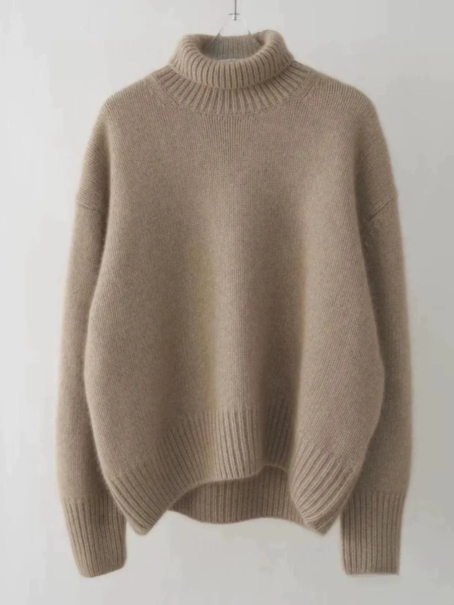 Soft knit women's turtleneck sweater, elegant and warm. Cozy, relaxed fit for winter, perfect for layering.