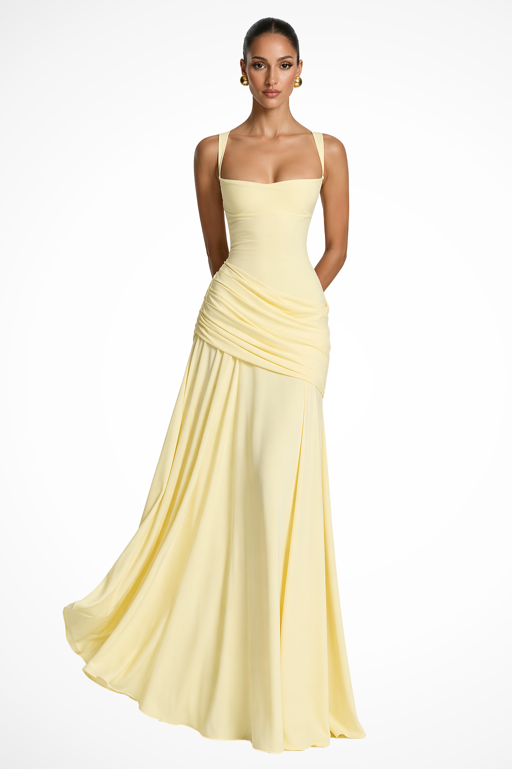 Women's formal ruched maxi dress, features spaghetti straps & square neck, ideal for party or evening events.
