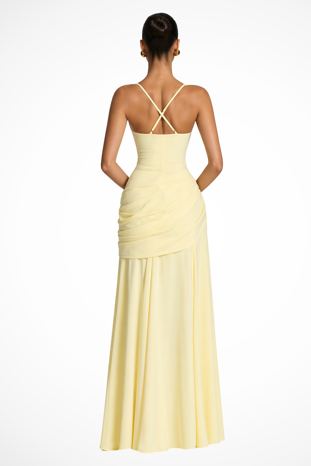 Long women's ruched spaghetti strap evening gown, an elegant sleeveless maxi dress for formal events.