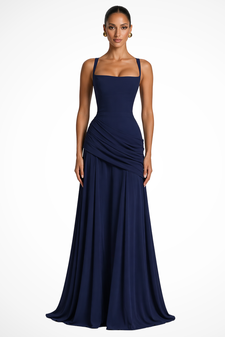 Chic women's ruched waist spaghetti strap maxi dress, an elegant long gown for evening parties & special occasions.