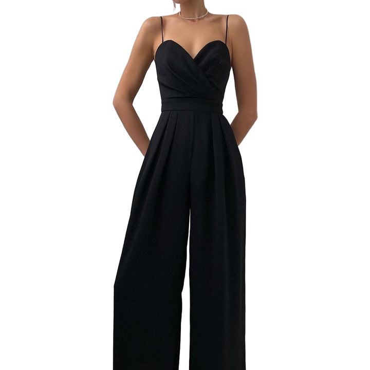 Elegant women's spaghetti strap wide-leg jumpsuit, perfect for formal events & evening wear.