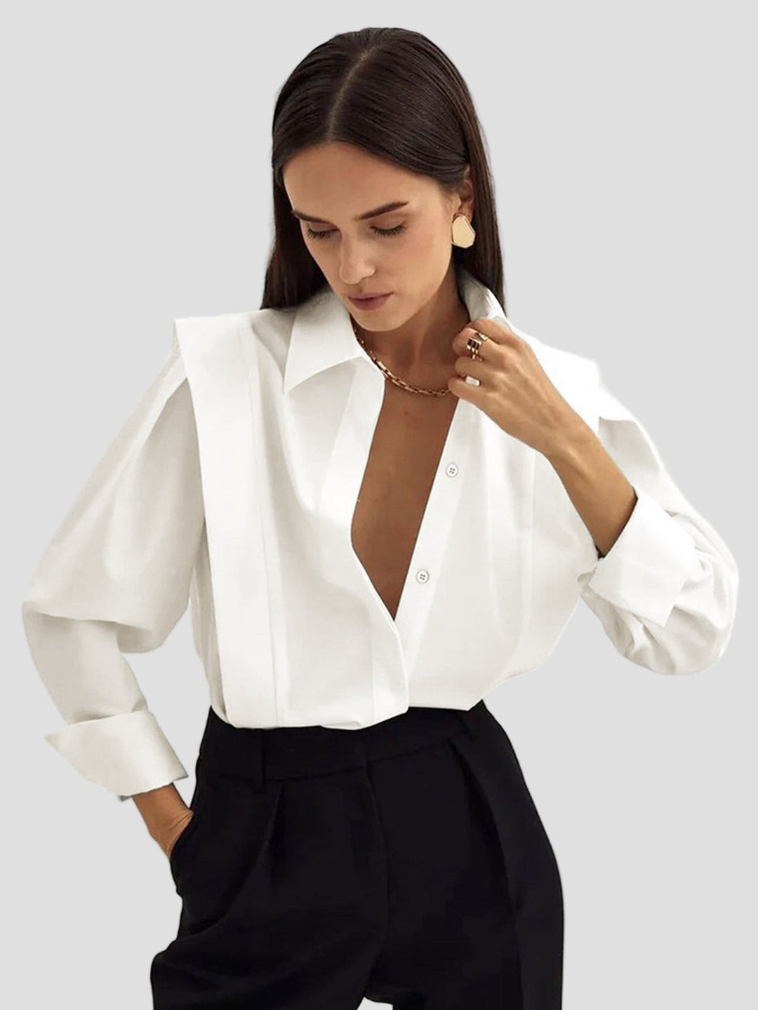 Elegant women's square neck button-down shirt. Versatile long sleeve top for office & casual chic.