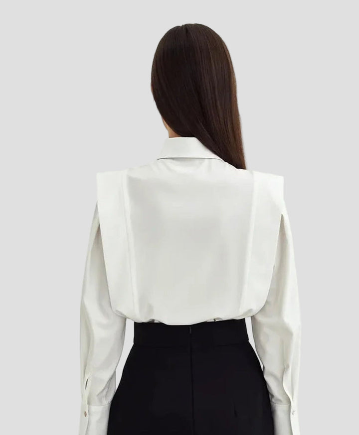 Women's classic square neck button-down blouse. Sophisticated office wear or elegant casual top.