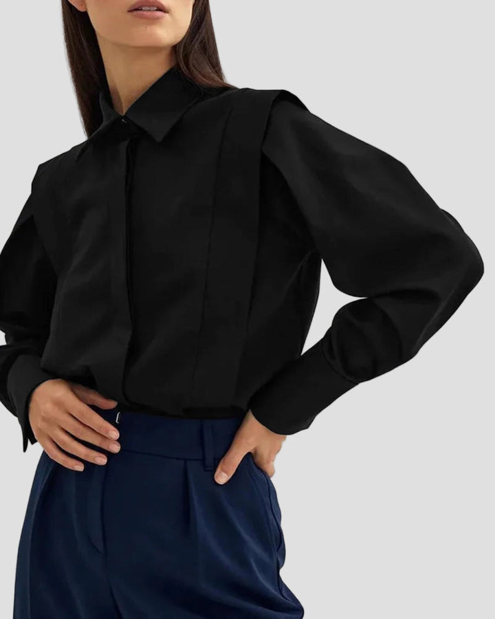 Women's elegant long sleeve square neck top. A versatile button-down blouse for sophisticated office or casual wear.