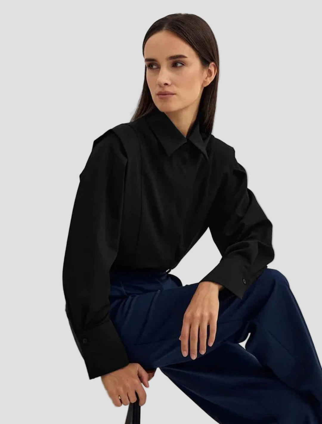 Stylish women's square neck button-down blouse. Modern and sophisticated, ideal for professional or everyday chic.