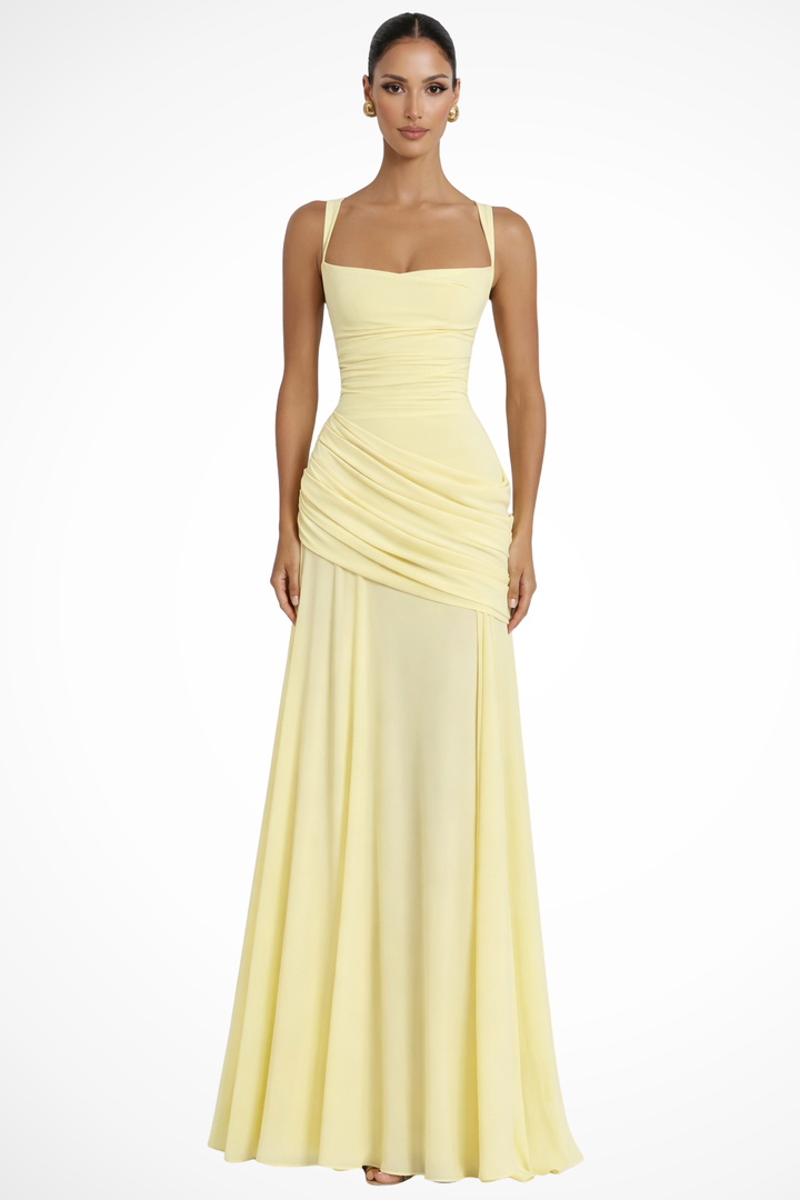 Elegant women's square neck ruched A-line maxi dress, perfect for wedding guests & formal events.
