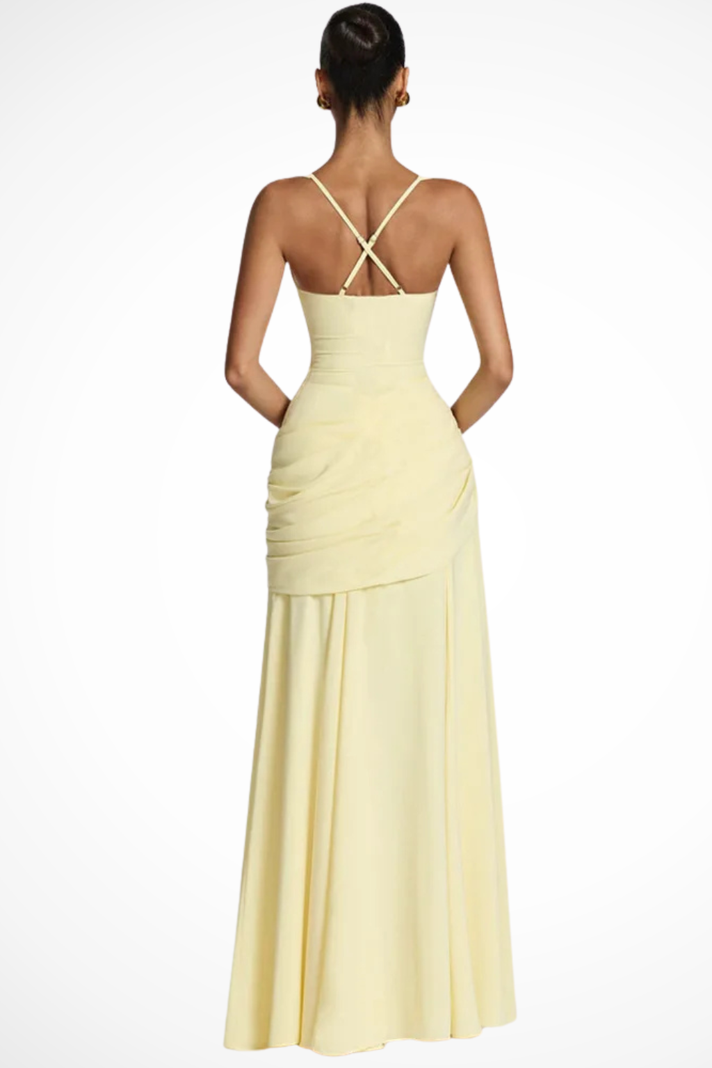 A-line maxi wedding guest dress for women with elegant square neck & ruched bodice detail.