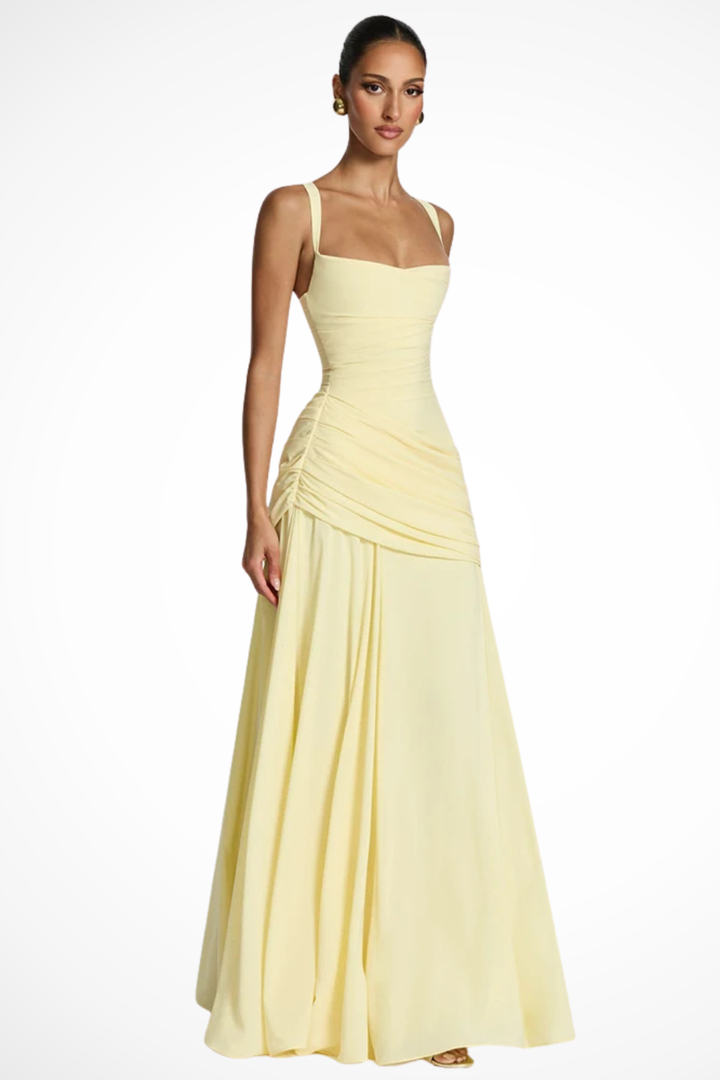 Formal women's square neck ruched A-line maxi dress for special occasions, parties & wedding guests.