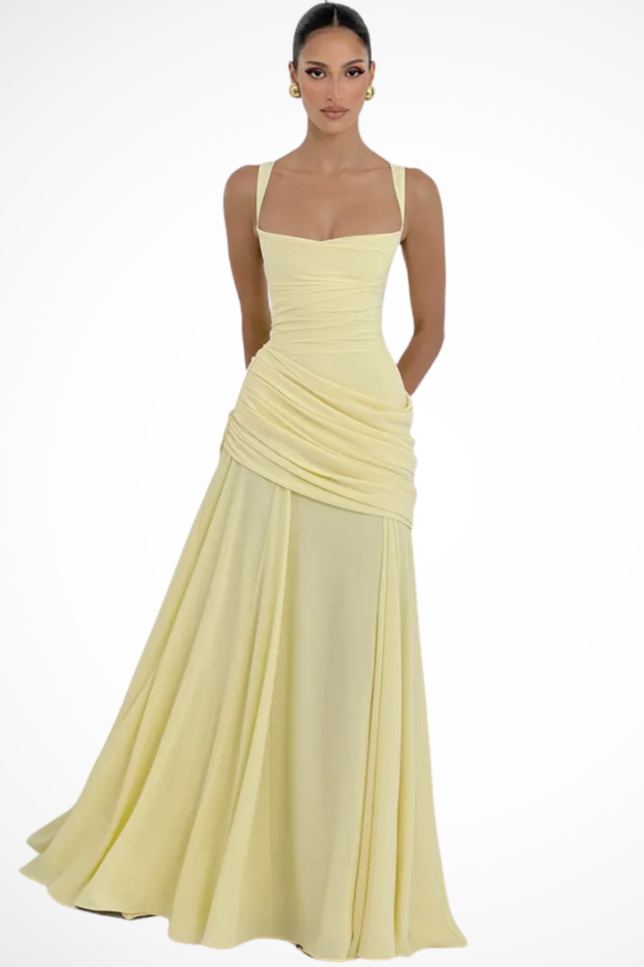 Elegant women's square neck A-line maxi dress. Ruched bodice & flowing skirt for special events.