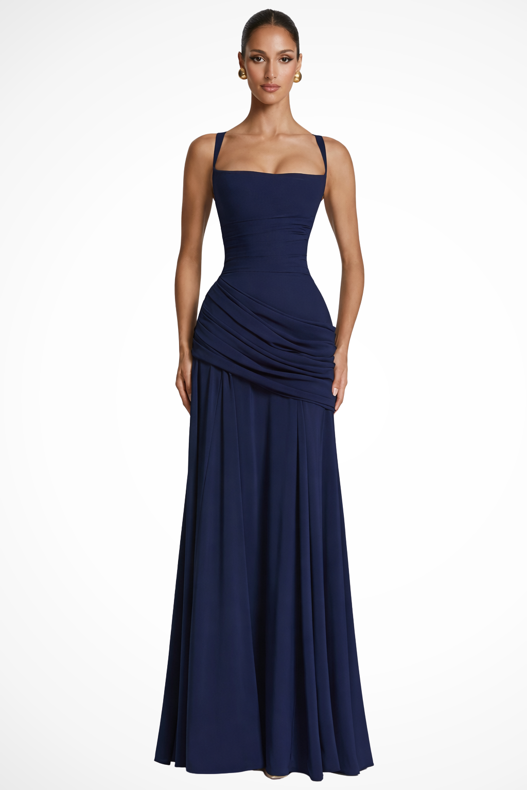 Flattering A-line maxi dress for women, featuring a chic square neck & ruched design. Ideal for guests.