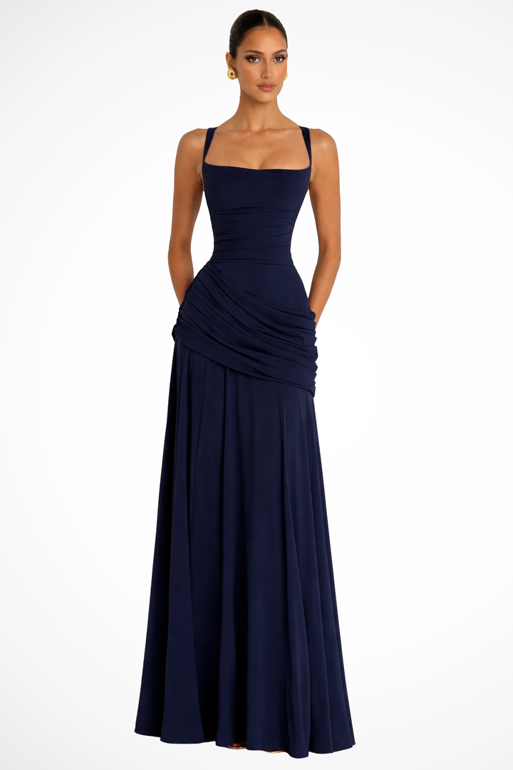 Stunning women's maxi wedding guest dress with elegant square neck, ruched details & an A-line silhouette.