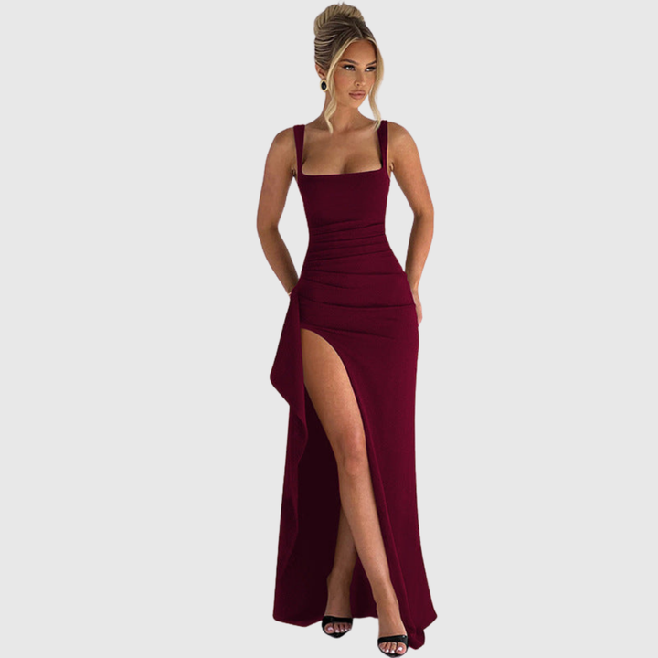 Stunning homecoming party dress for women, with a chic square neckline and thigh-high slit.
