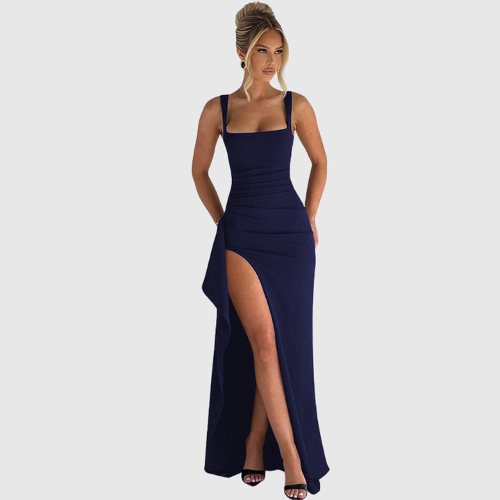 Elegant women's party dress with a square neckline, long design, and seductive thigh slit.
