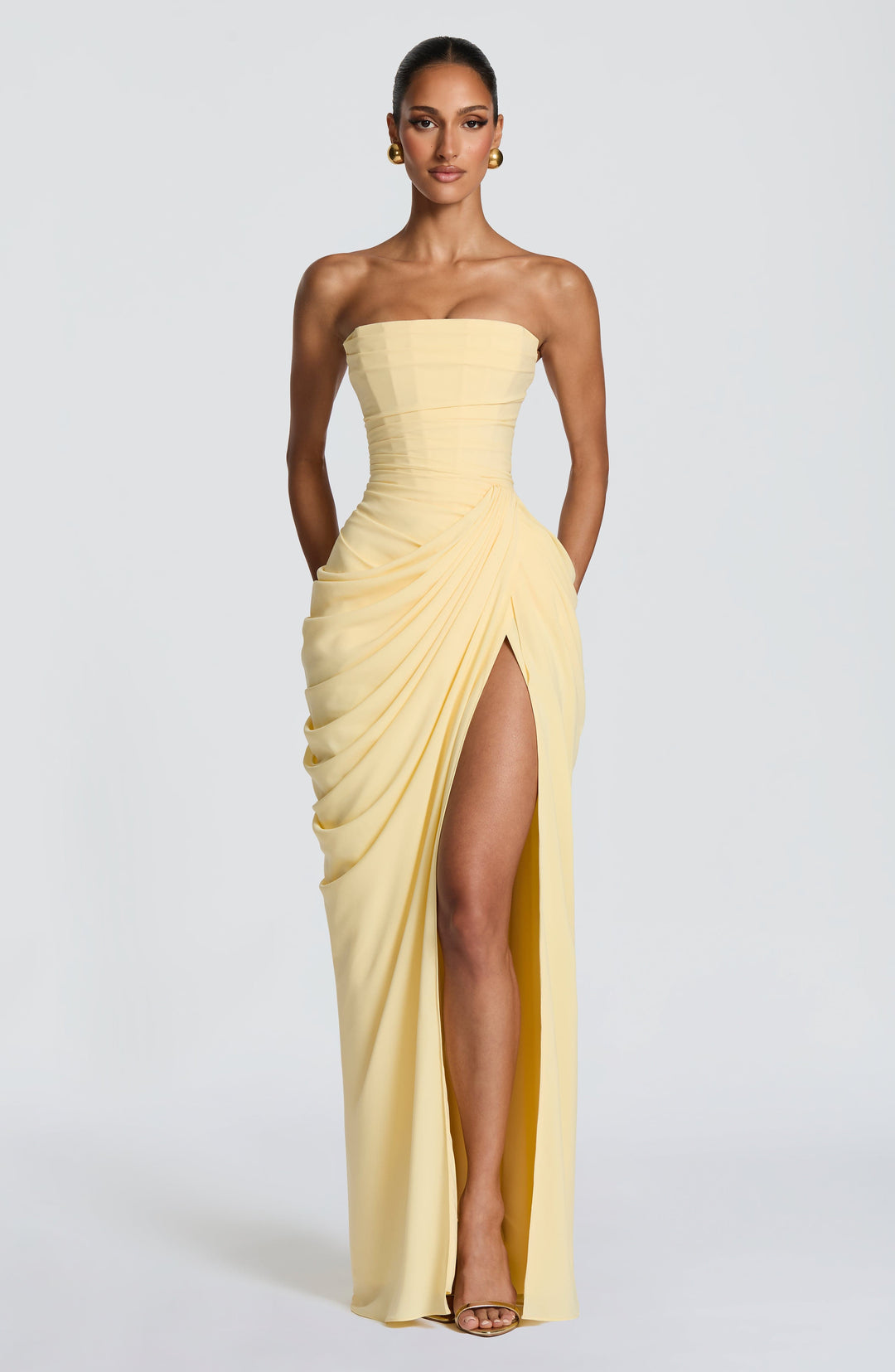 Elegant women's strapless corset bodice maxi dress, perfect for evening wear & special occasions.