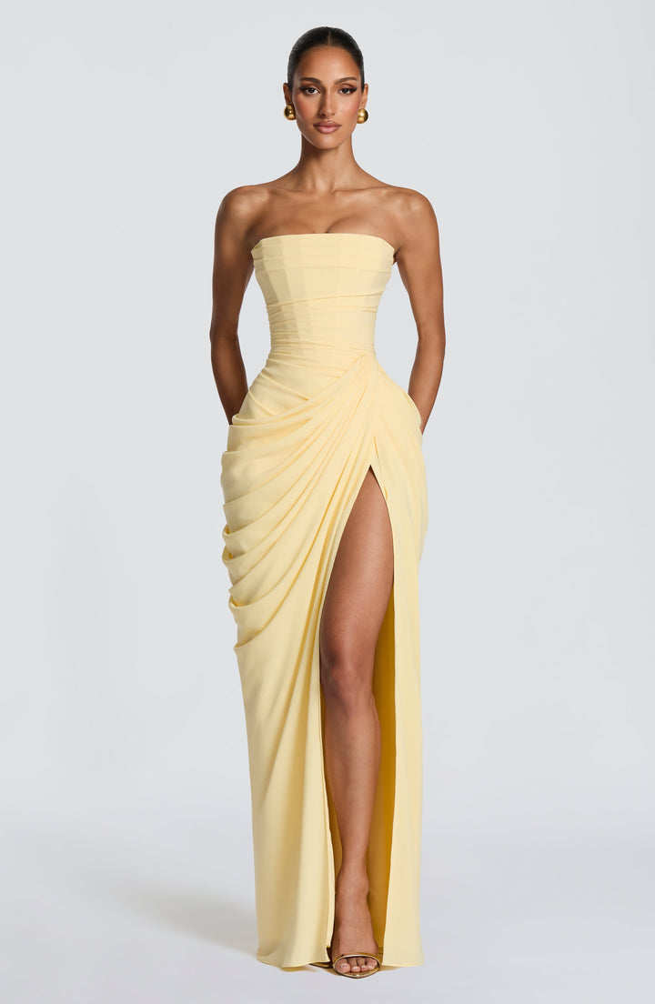 Elegant women's strapless corset bodice maxi dress, perfect for evening wear & special occasions.