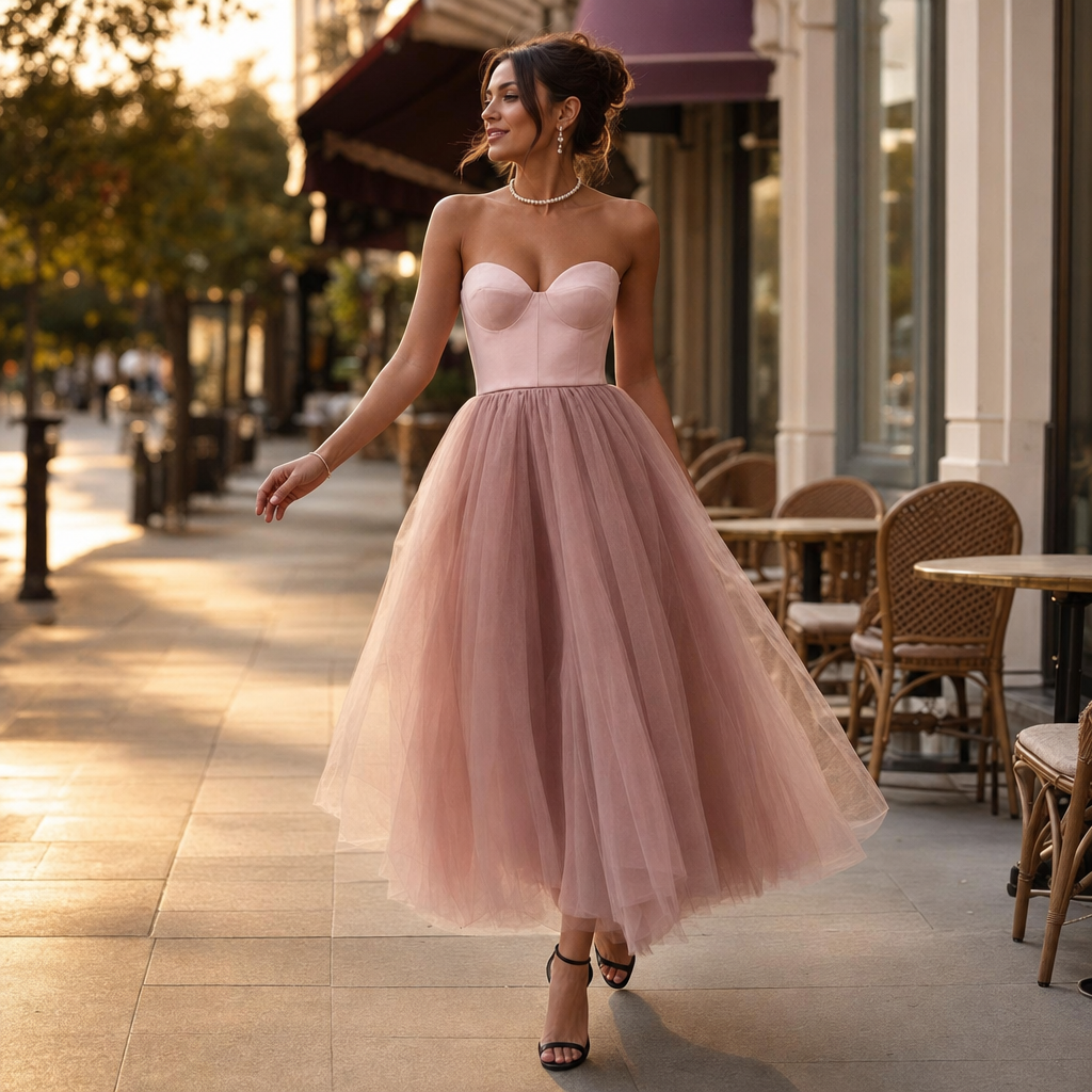 Romantic strapless maxi dress for women, perfect as a wedding guest or gala evening gown.