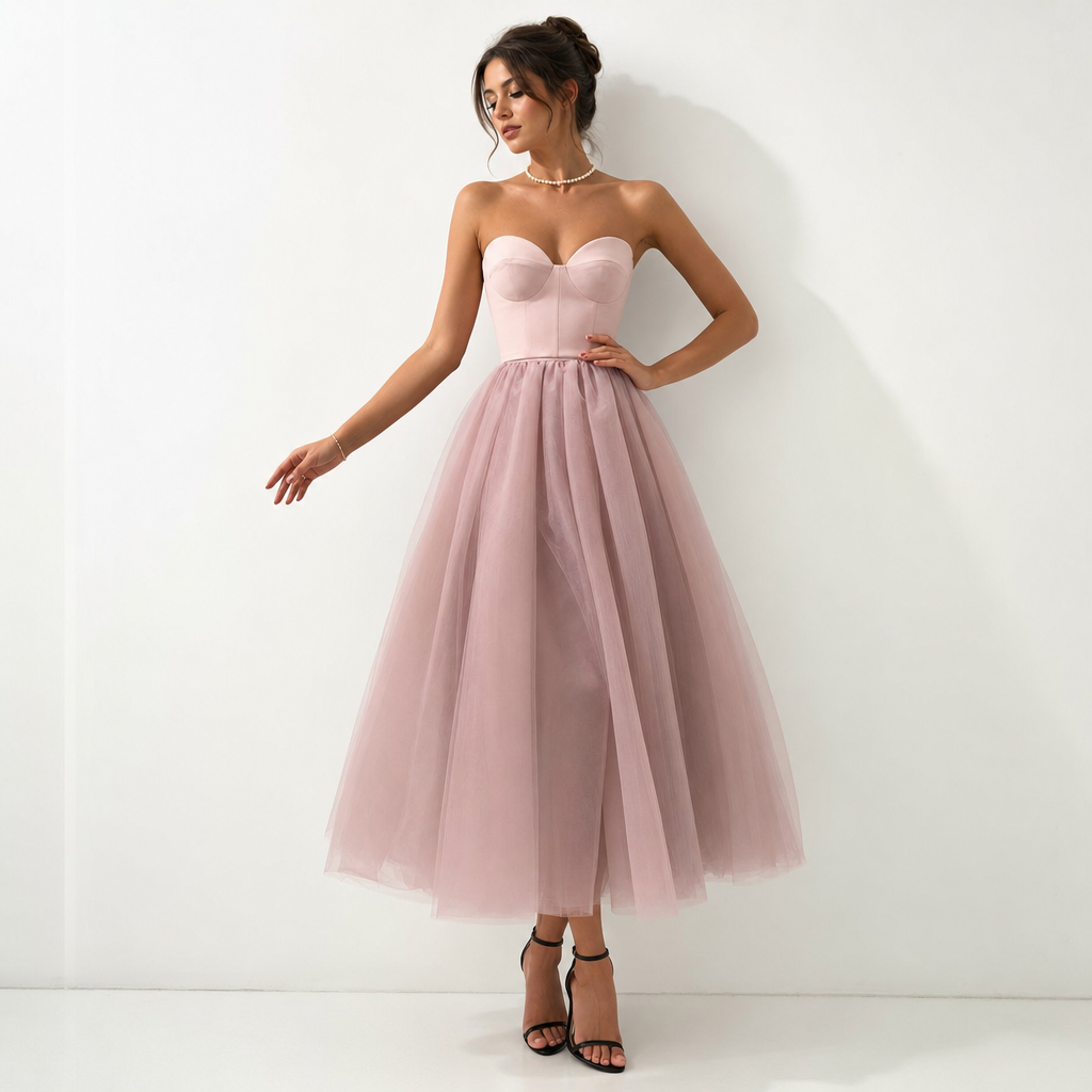 Women's formal wear: sophisticated strapless evening gown with flowing pleated skirt, ideal for special events.