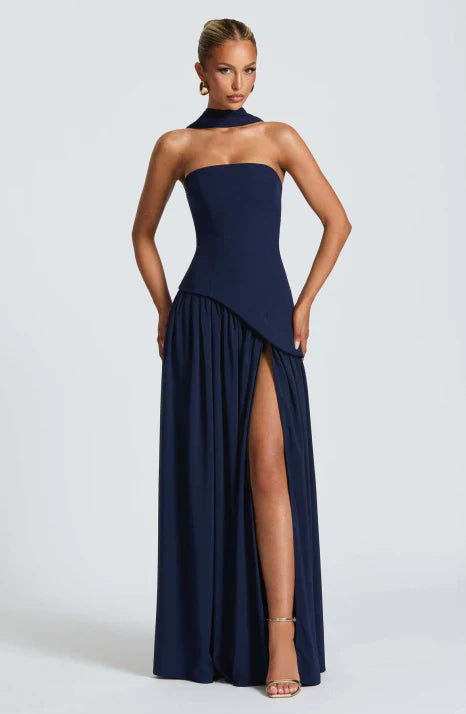 Women's elegant strapless maxi dress, a flowing formal gown for evening parties, cocktails & special events.
