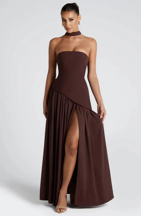 Sophisticated women's strapless flowing maxi dress. Ideal for formal wear, evening parties & special occasions.
