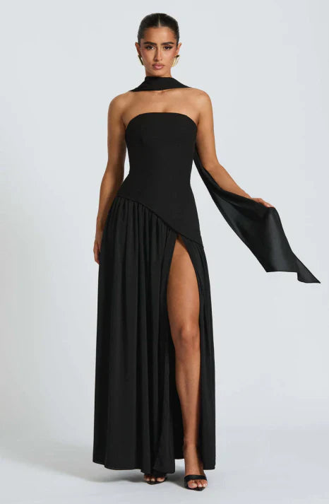 Graceful women's strapless long flowing dress, perfect as a formal evening gown, party or cocktail dress.