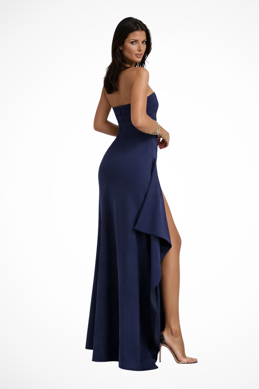 Stunning women's strapless high-slit maxi dress. Elegant formal wear for evening events, parties & galas.