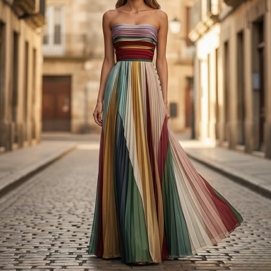 Elegant women's strapless pleated summer dress, perfect for parties & special events. Flowy, chic occasionwear.