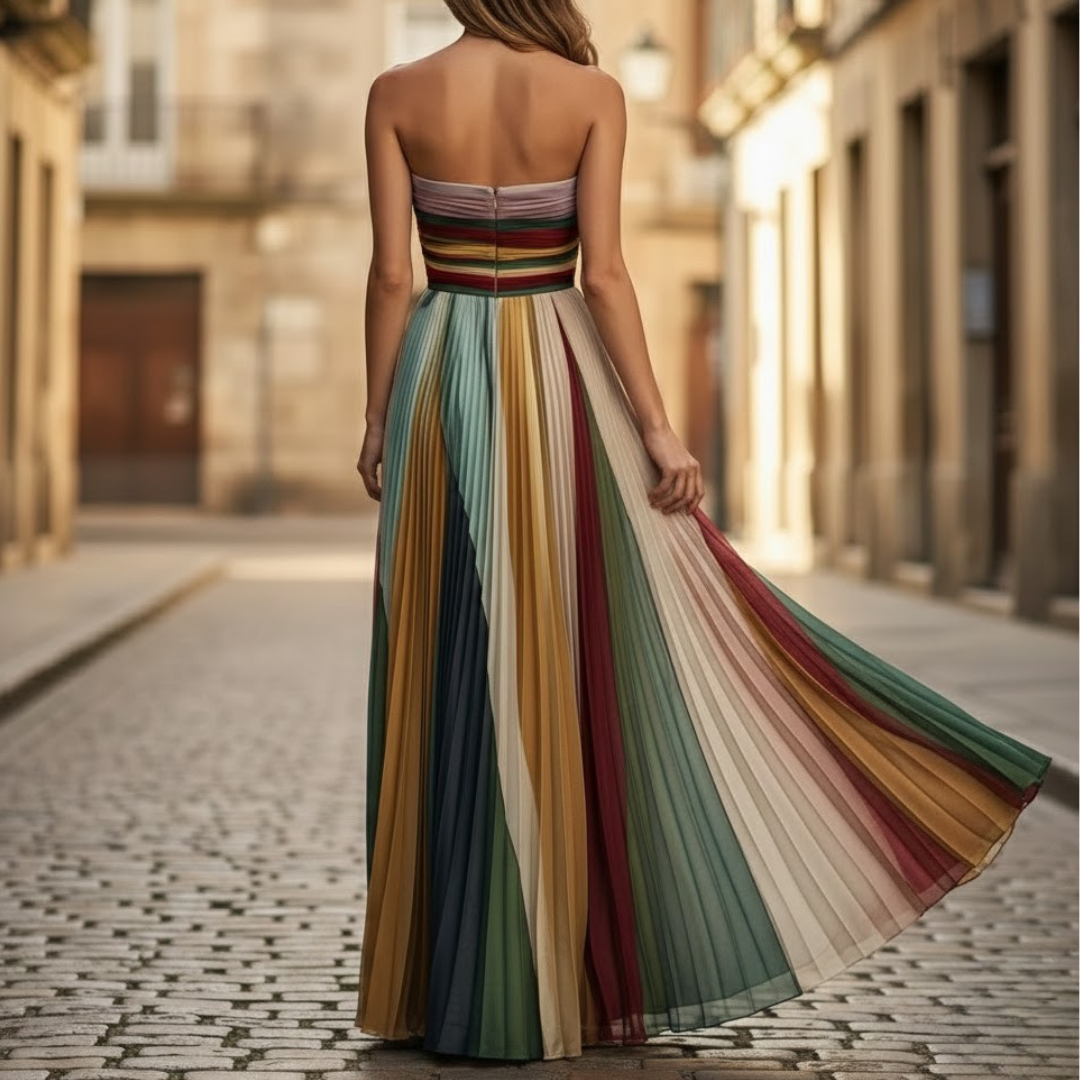 Chic women's strapless pleated summer dress with a flowy, elegant silhouette, ideal for casual & party wear.
