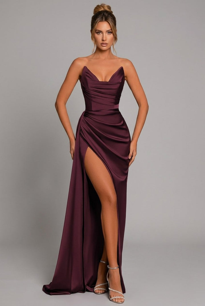 Elegant women's strapless ruched maxi dress, perfect for formal events, wedding guests, or as a bridesmaid gown.