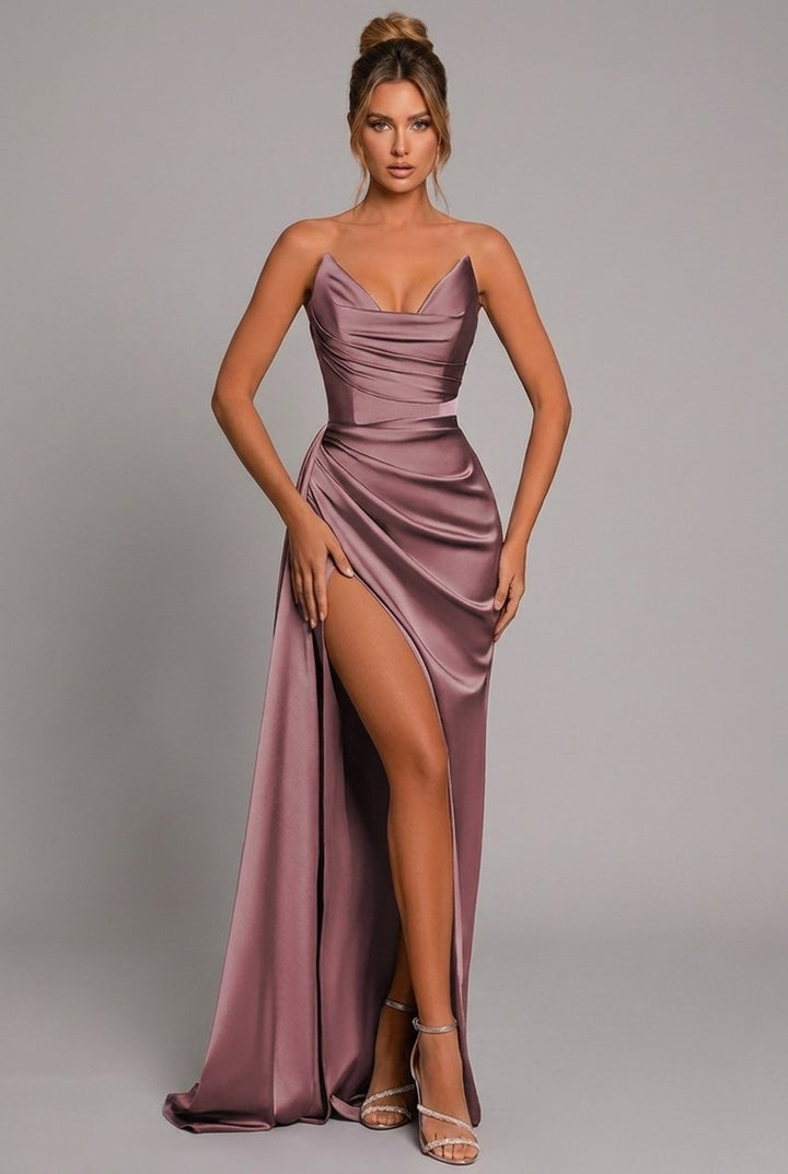 Graceful women's strapless ruched maxi dress, an elegant choice for formal celebrations & evening wear.